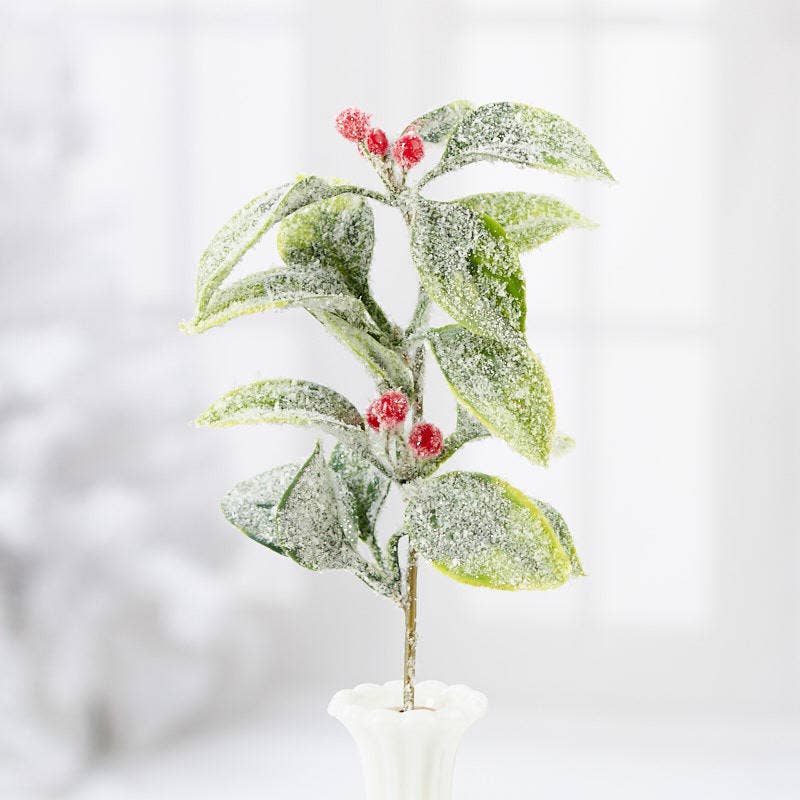 12" Frosted Artificial Winter Laurel Leaf and Berries Stem: Green/Red