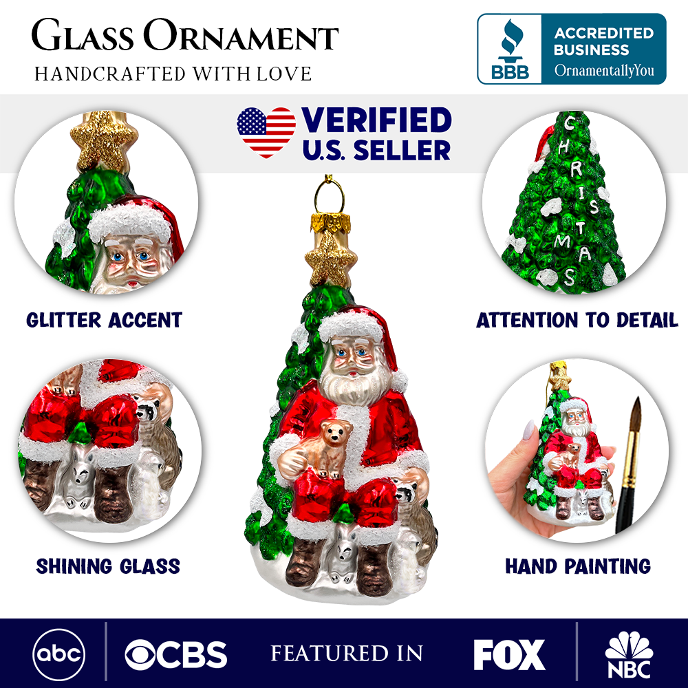 Santa with Woodland Animals Glass Christmas Ornament