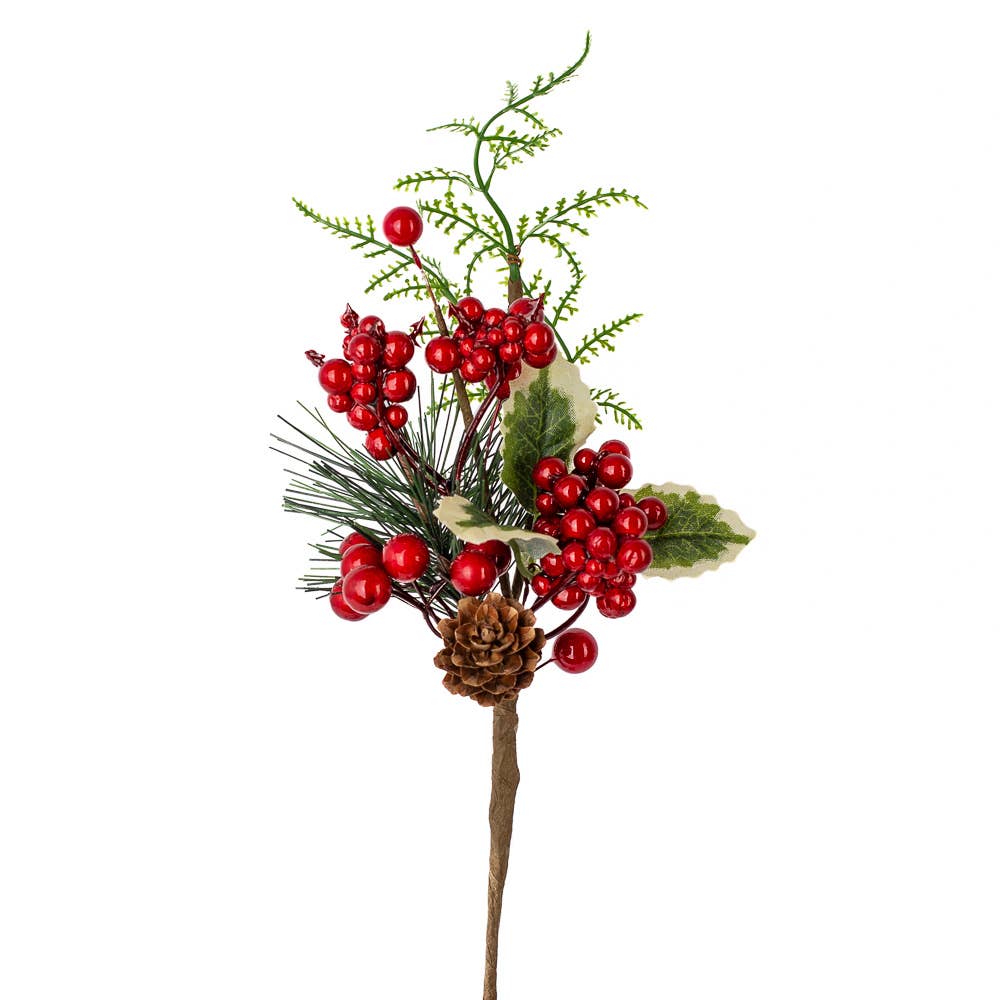 9-3/4" Artificial Holly, Red Berries, and Spruce Pick