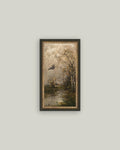 Flying Witch Landscape Framed Antique Art: 7x12