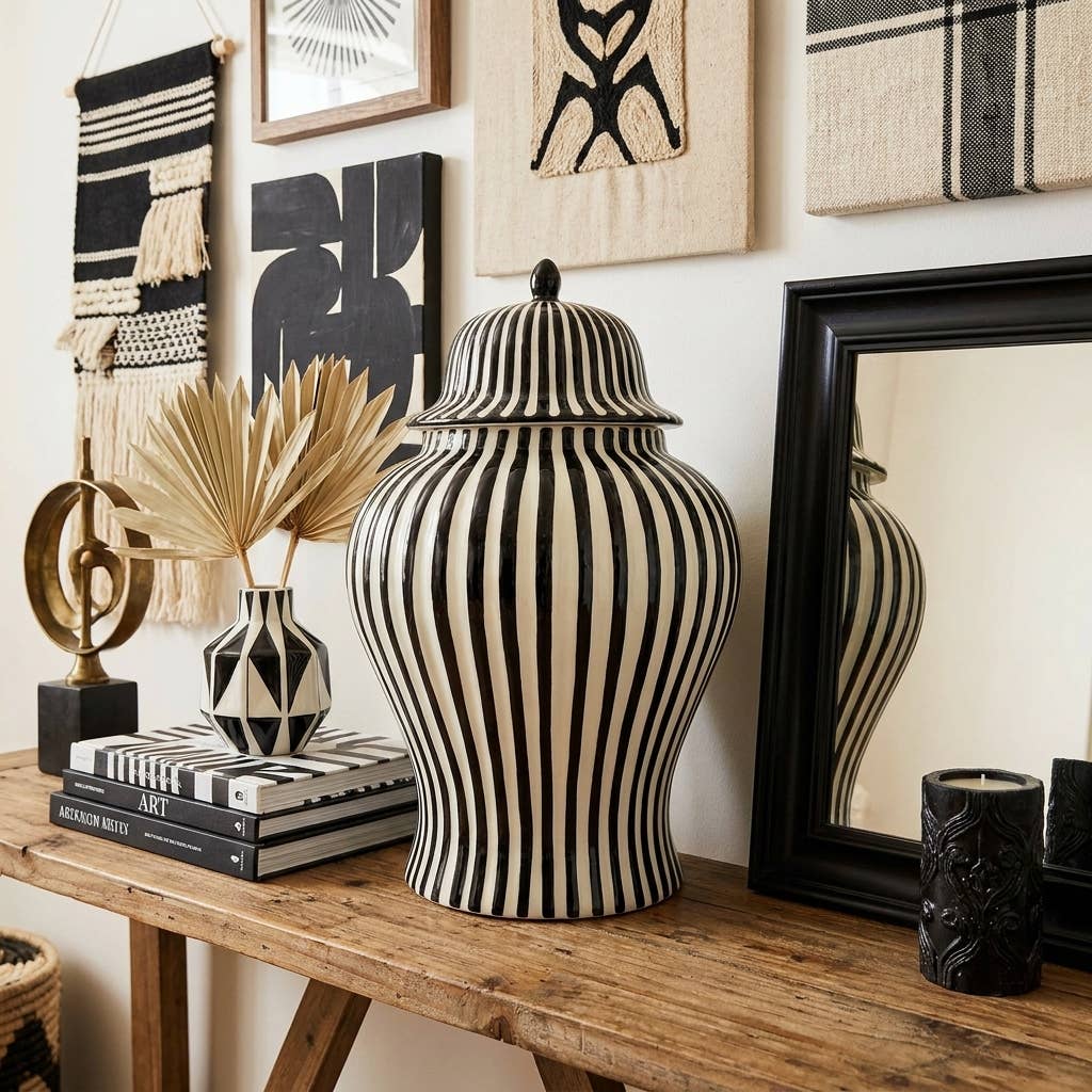 Black & White Candy Cane Striped Ceramic Vase 18"