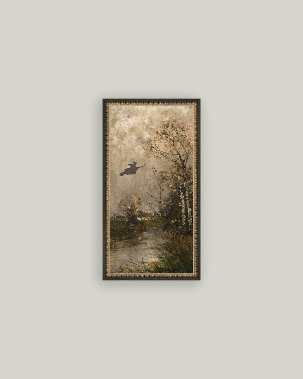 Flying Witch Landscape Framed Antique Art: 7x12