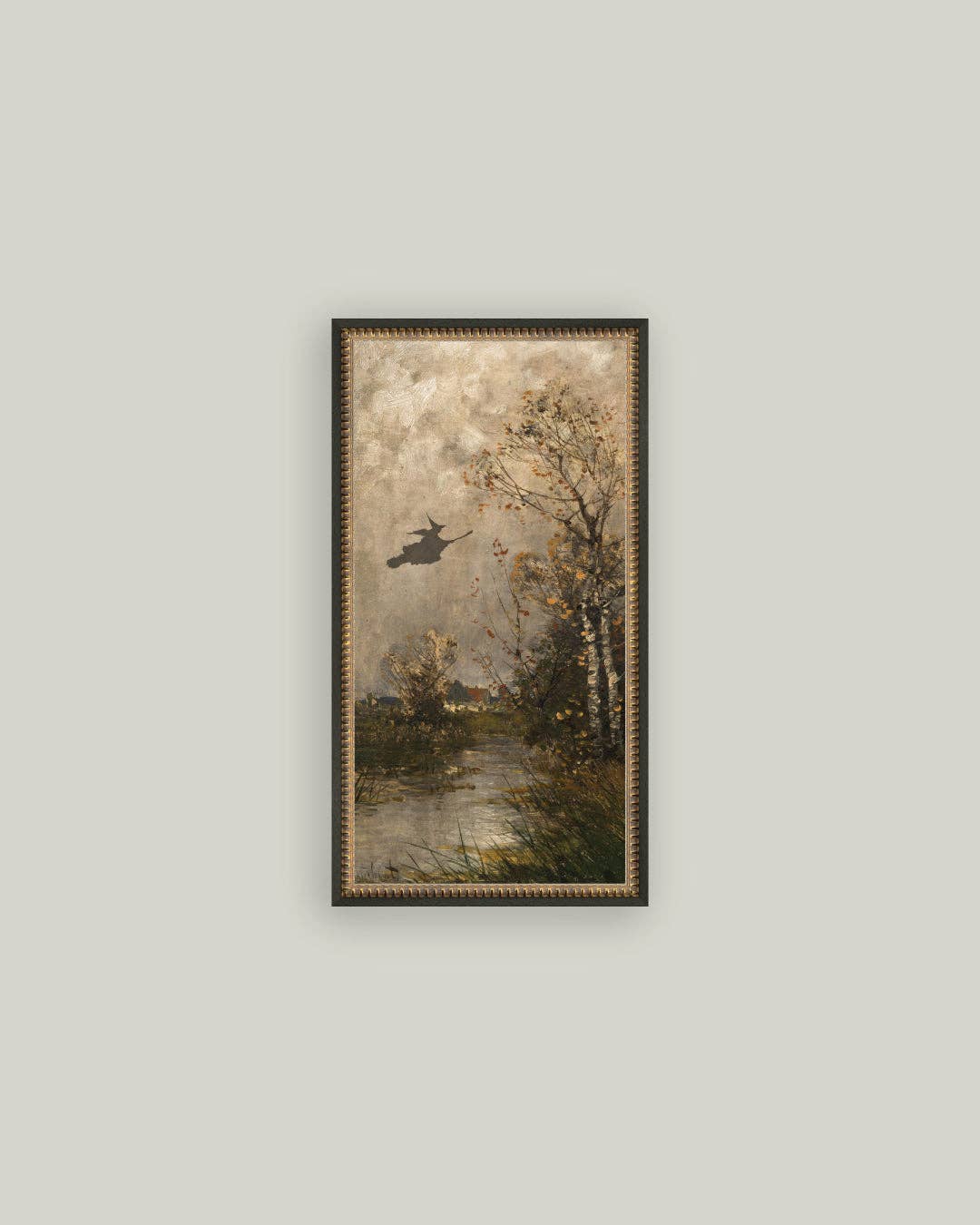 Flying Witch Landscape Framed Antique Art: 7x12
