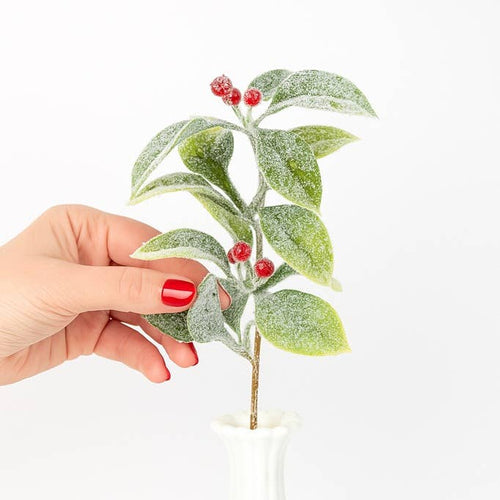 12" Frosted Artificial Winter Laurel Leaf and Berries Stem: Green/Red