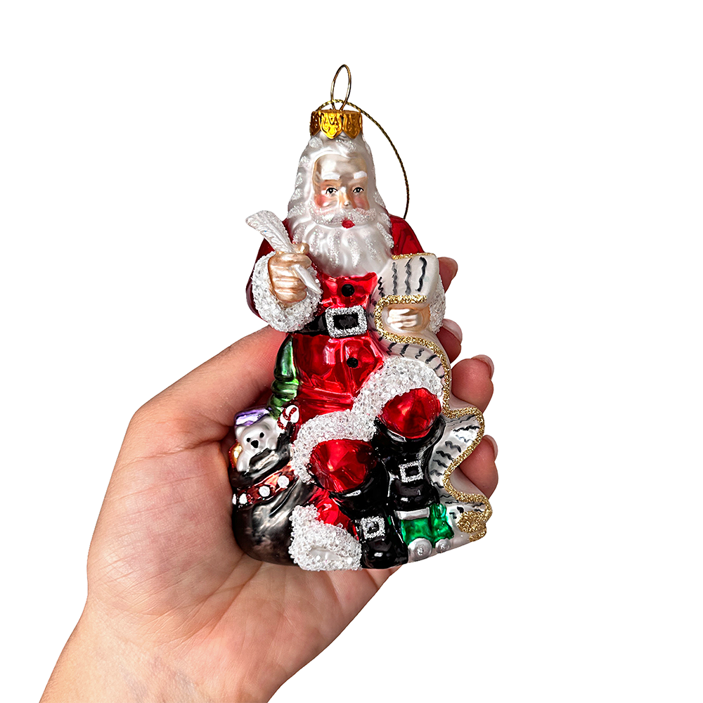 Santa with a Long Letter Glass Christmas Ornament