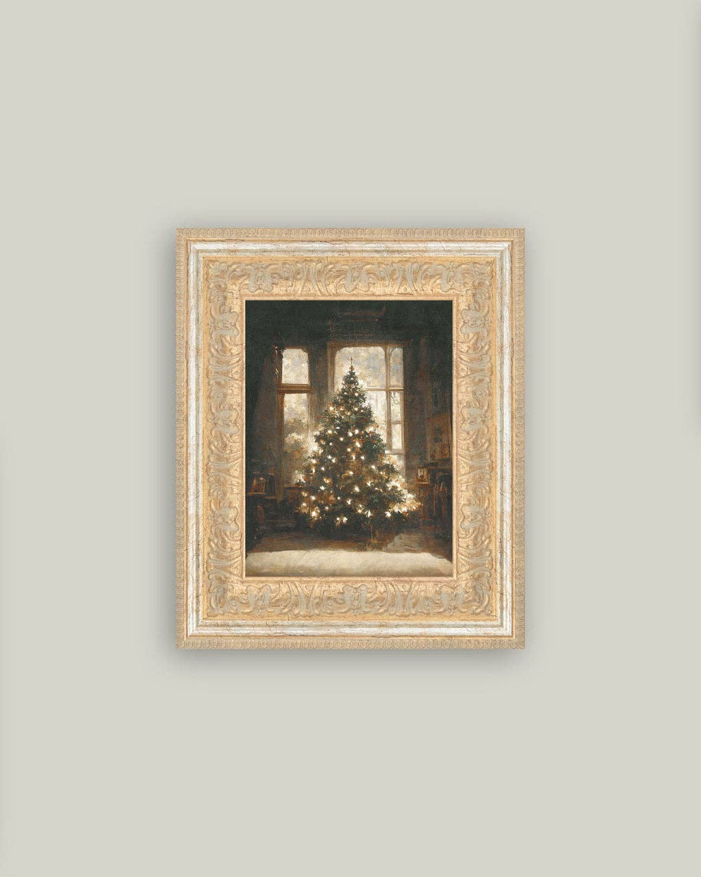 Glowing Christmas Tree Framed Antique Art: 7x9