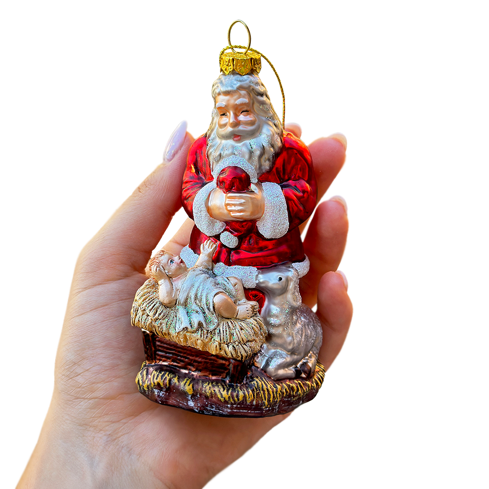 Innocent Santa and Baby Jesus Handblown Glass Ornament