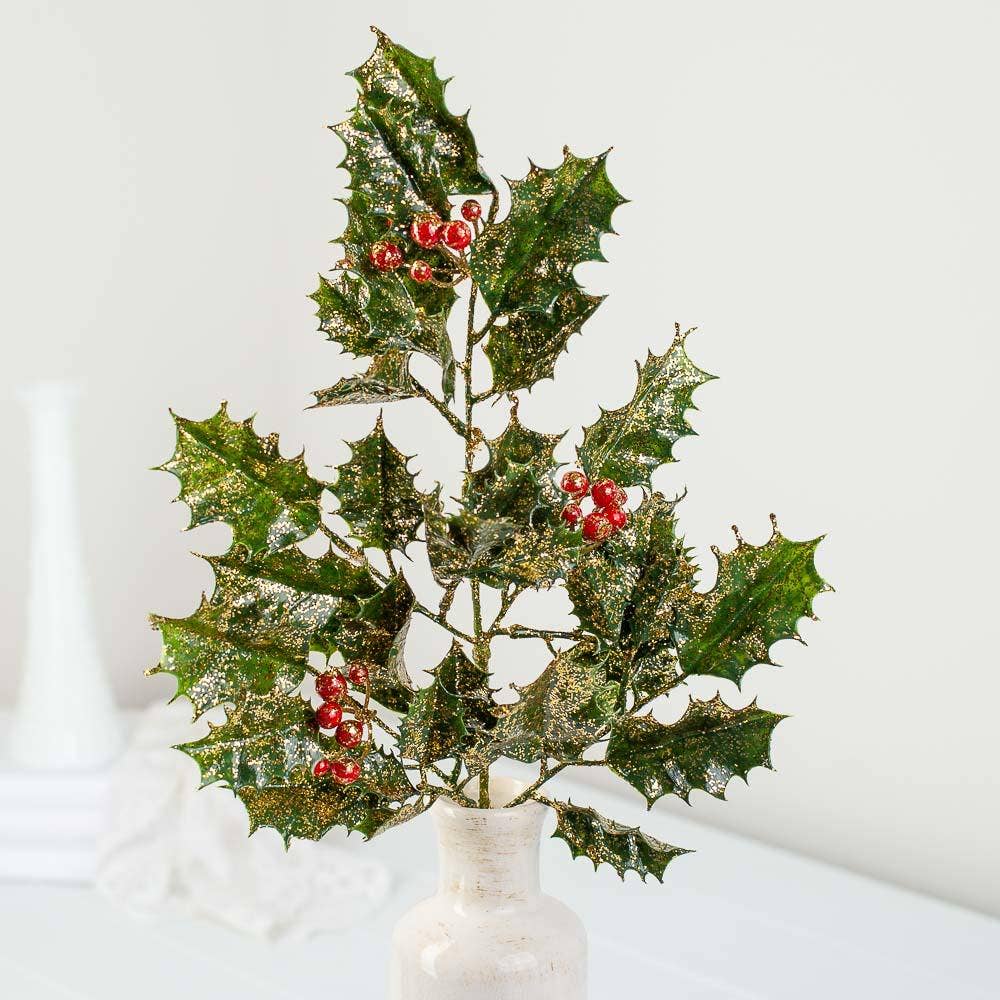 18" Gold-Accented Holly and Berry Stems (Pack of 12)