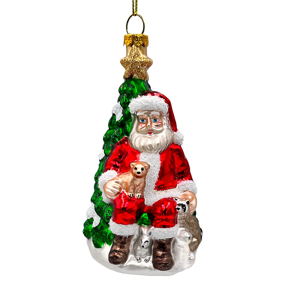 Santa with Woodland Animals Glass Christmas Ornament