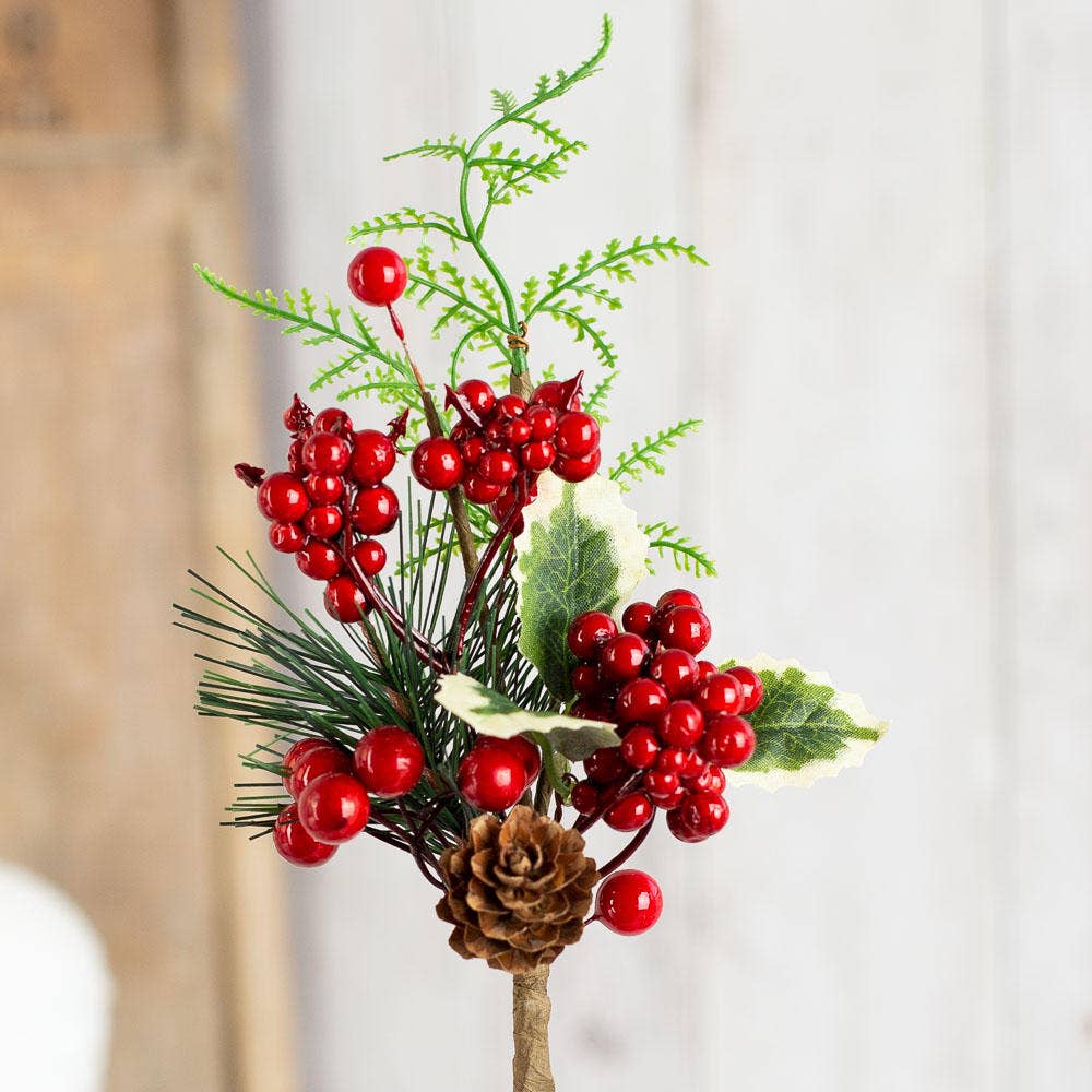 9-3/4" Artificial Holly, Red Berries, and Spruce Pick
