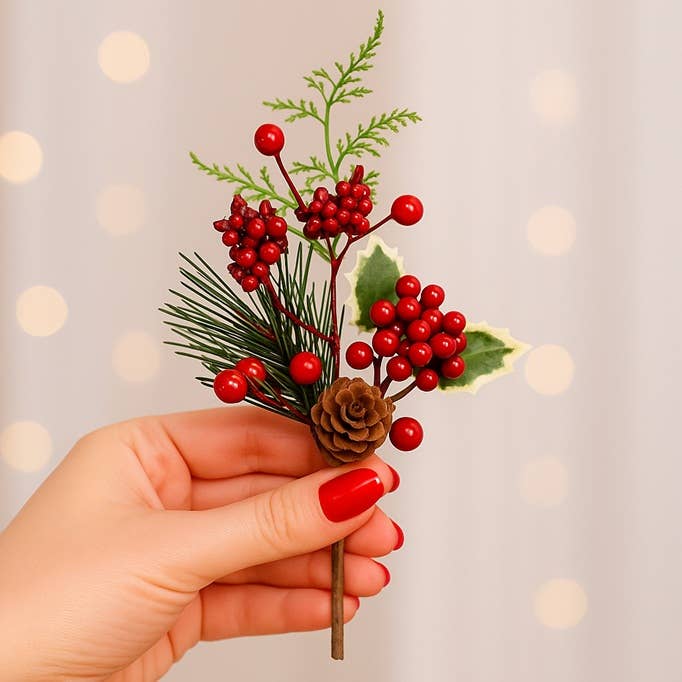 9-3/4" Artificial Holly, Red Berries, and Spruce Pick