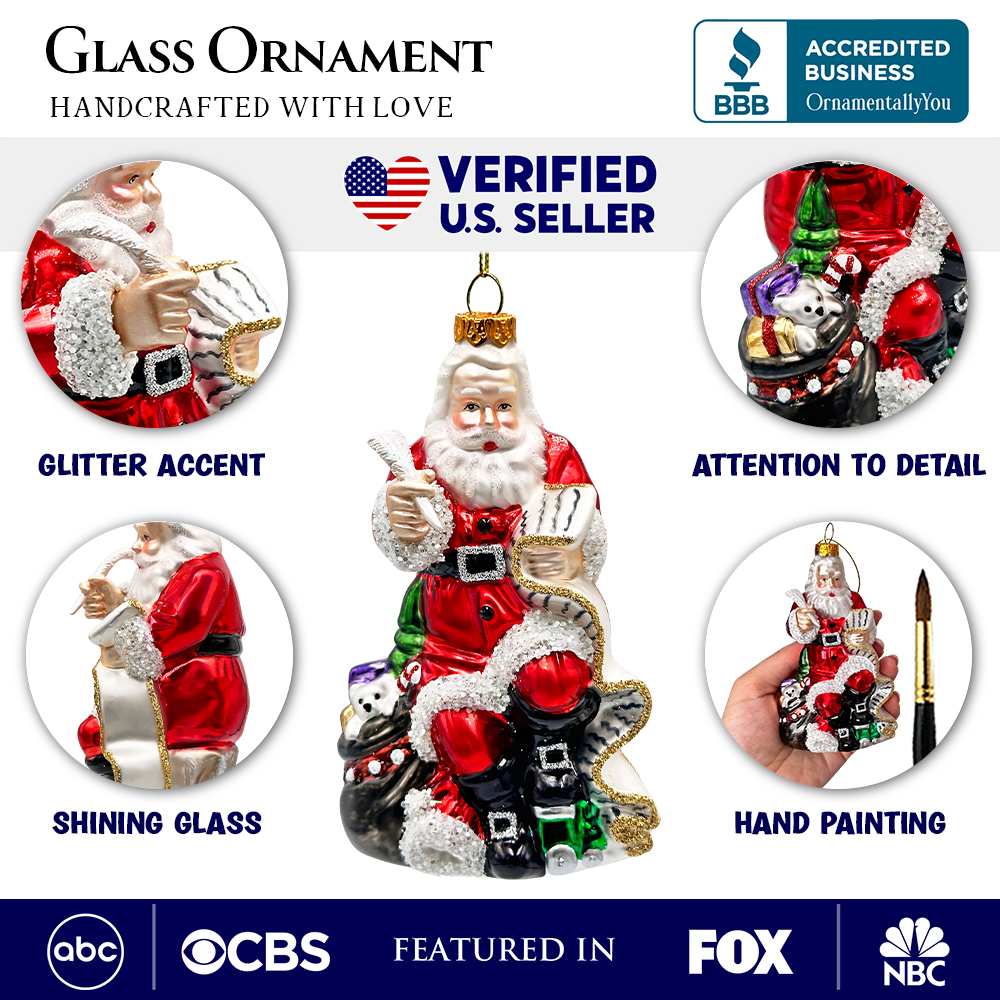 Santa with a Long Letter Glass Christmas Ornament