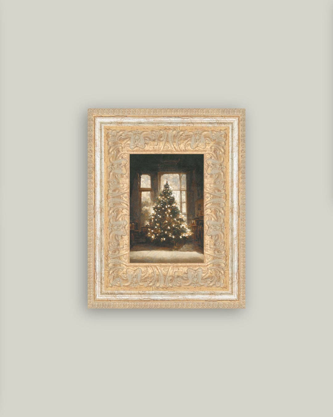 Glowing Christmas Tree Framed Antique Art: 7x9