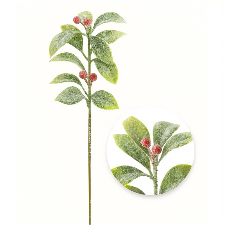 12" Frosted Artificial Winter Laurel Leaf and Berries Stem: Green/Red