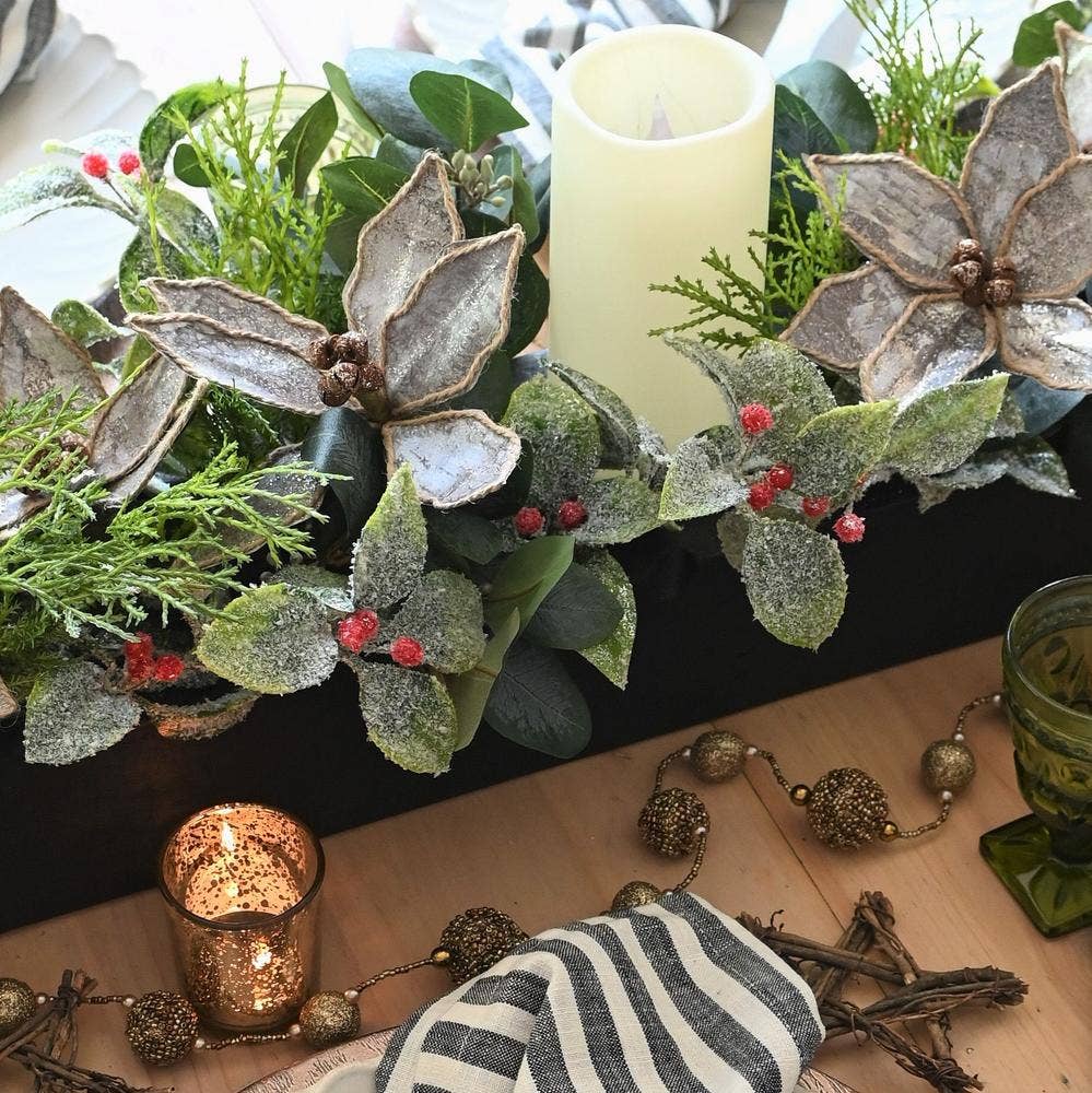 12" Frosted Artificial Winter Laurel Leaf and Berries Stem: Green/Red