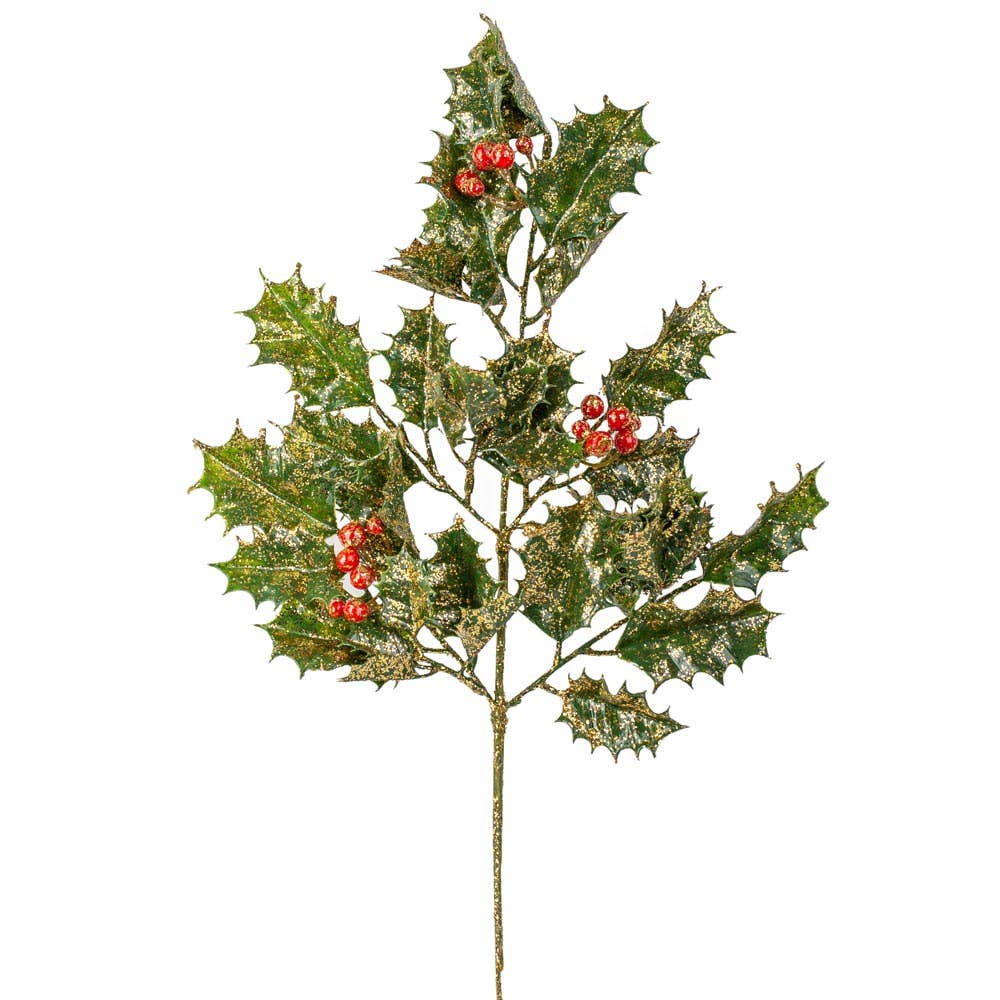 18" Gold-Accented Holly and Berry Stems (Pack of 12)