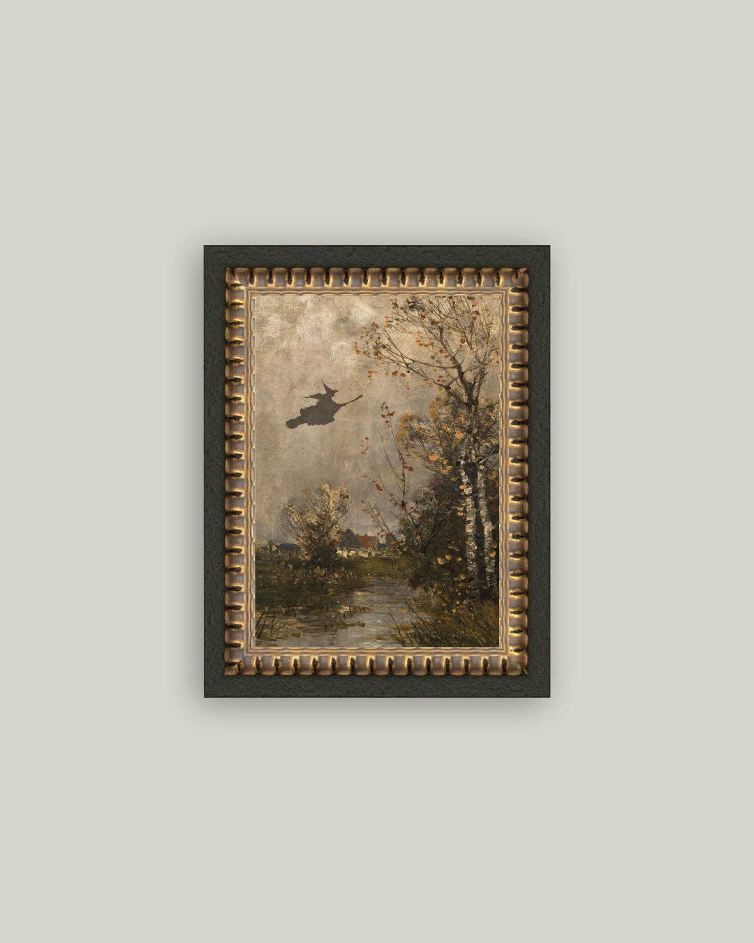Flying Witch Landscape Framed Antique Art: 7x12