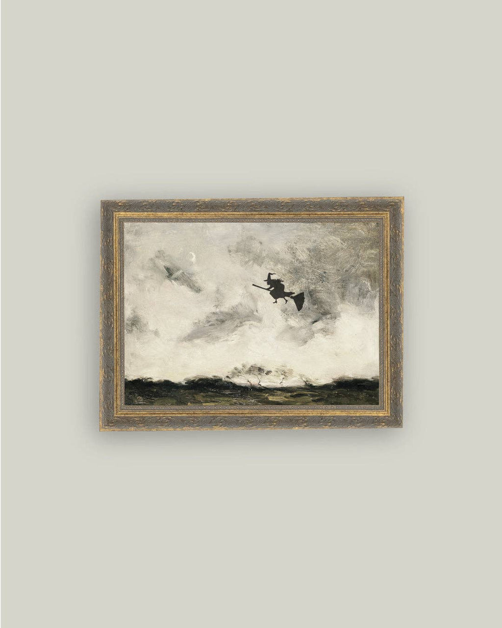 Witch Flying Through The Night Framed Antique Art: 5x7