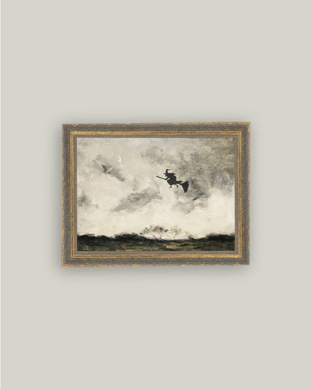 Witch Flying Through The Night Framed Antique Art: 5x7