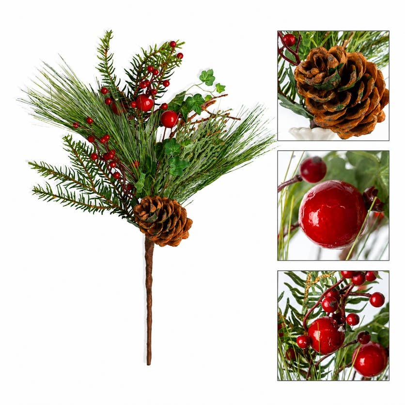 18" Artificial Berry and Pinecone Christmas Holiday Stem -