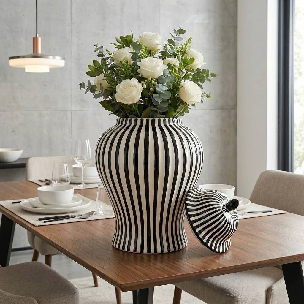 Black & White Candy Cane Striped Ceramic Vase 18"
