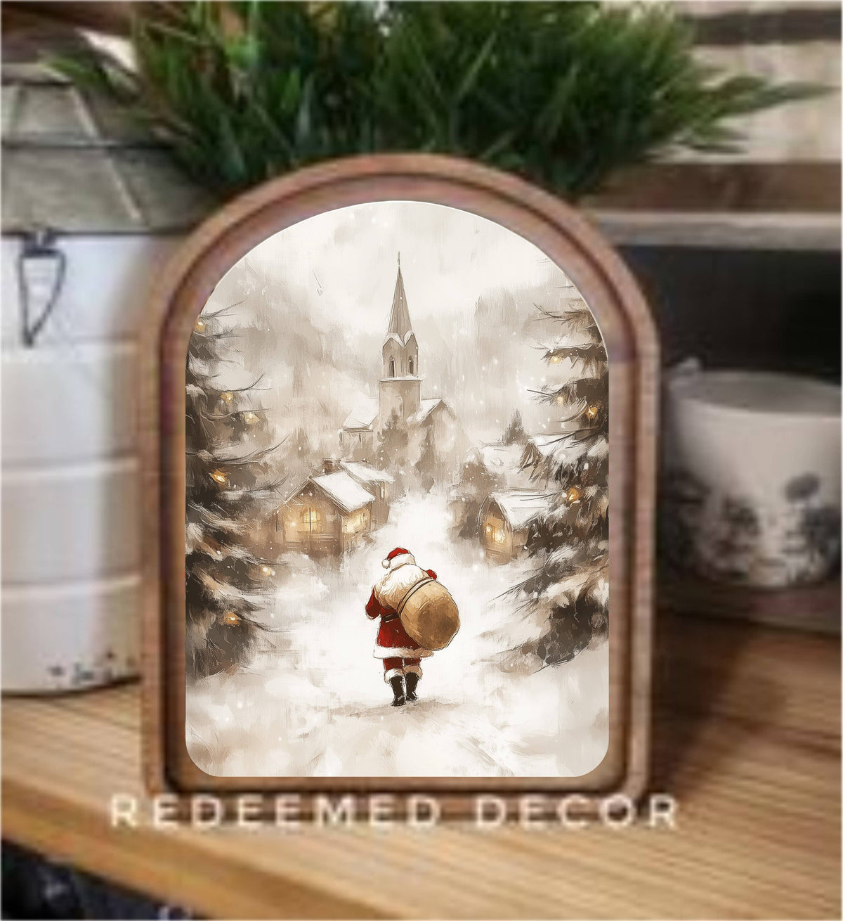 Arch Top Village Santa Framed Art  : 8.25x11"