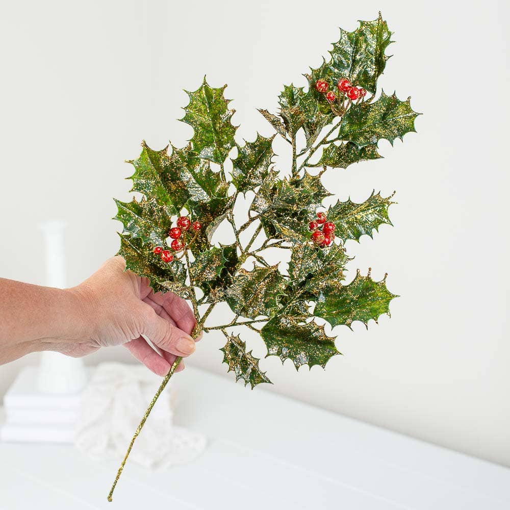 18" Gold-Accented Holly and Berry Stems (Pack of 12)